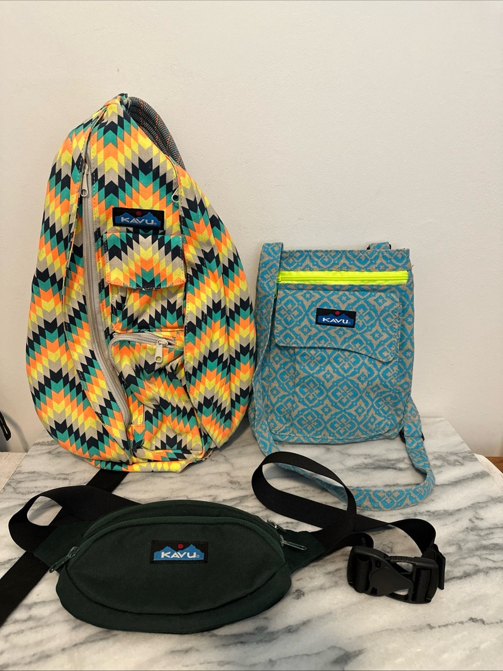 Kavu Chevron Sling, Teal Pattern Crossbody & Forest Green Waist Pack lot of 3